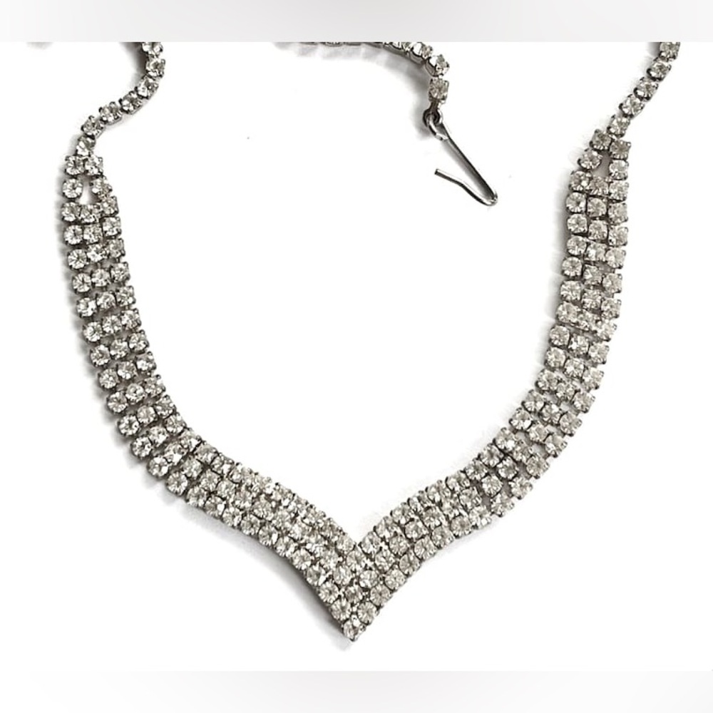 Art Deco Rhinestone Chevron,Rhinestone Bib Necklace, Mid Century Jewelry - Picture 4 of 4